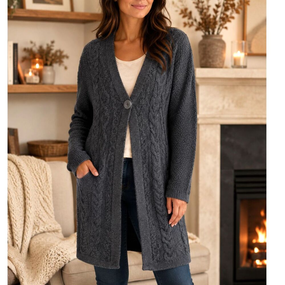 Aran Crafts Merino Wool Longline Cardigan M Dark Academia Irish Knit Heritage